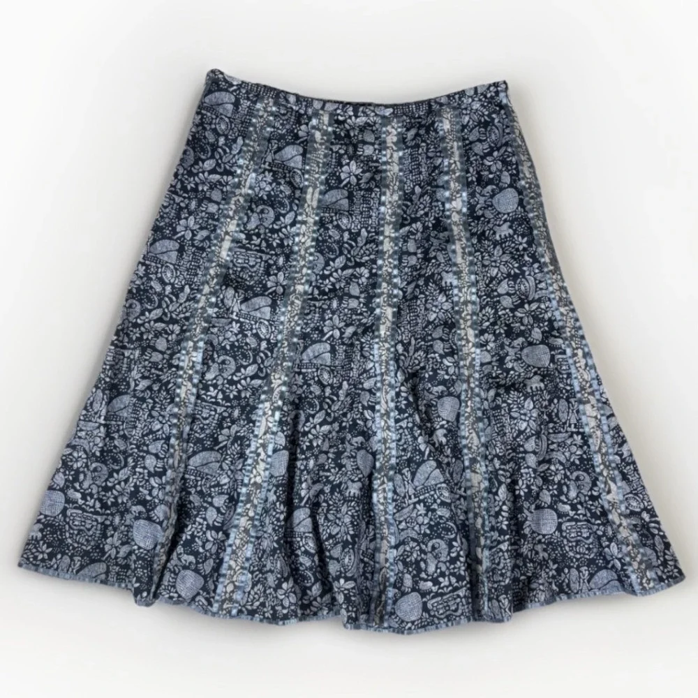 PERUVIAN CONNECTION Pima Cotton Fit Flare MIDI Skirt Womens 12 Blue White Floral - Picture 2 of 9